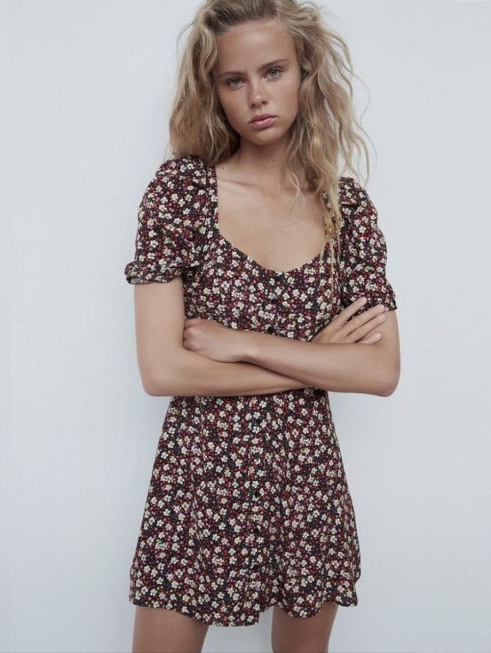 NWT Zara Ditsy Floral Mini Dress Ruched Waist Button Front Size L 90s Retro Fall